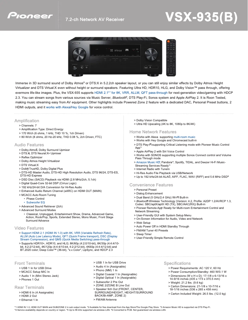Page 1 of the manual Technical Sheet Klipsch VSX-935