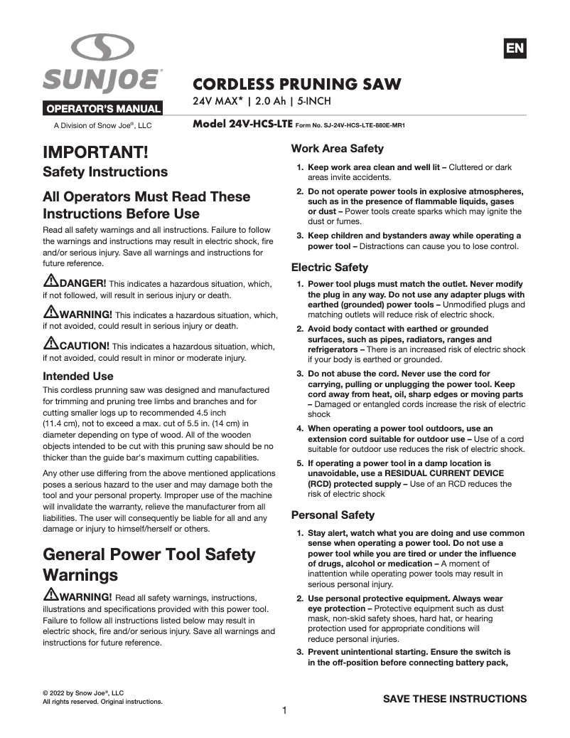 Page 1 of the manual User Manual Sun Joe 24V-HCS-LTE