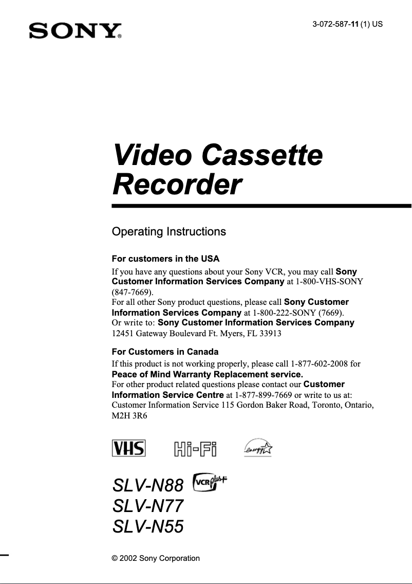 First page image of the manual for SLV-N88