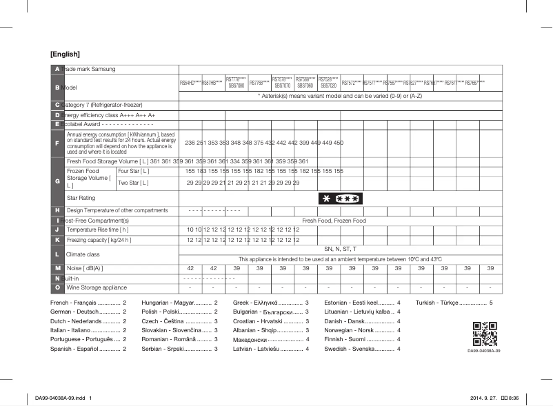 Page 1 of the manual Technical Sheet Samsung RS7768FHCBC