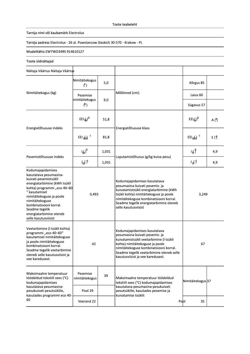 Page 1 of the manual Technical Sheet Electrolux EW7WO349S
