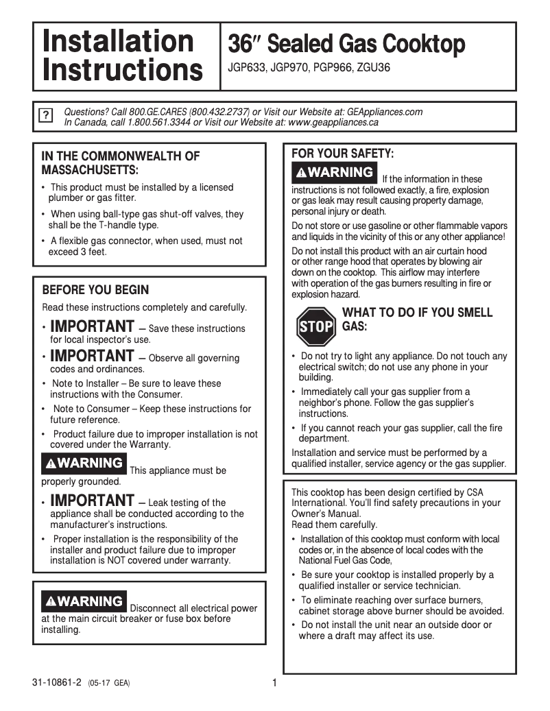 First page image of the manual for JGP633DETBB