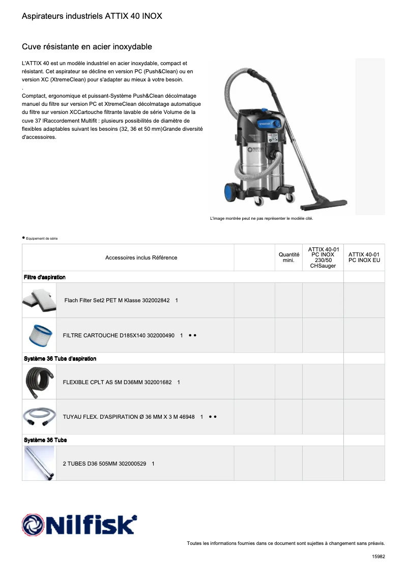 Page 1 of the manual Technical Sheet Nilfisk Attix 40-01 PC EC