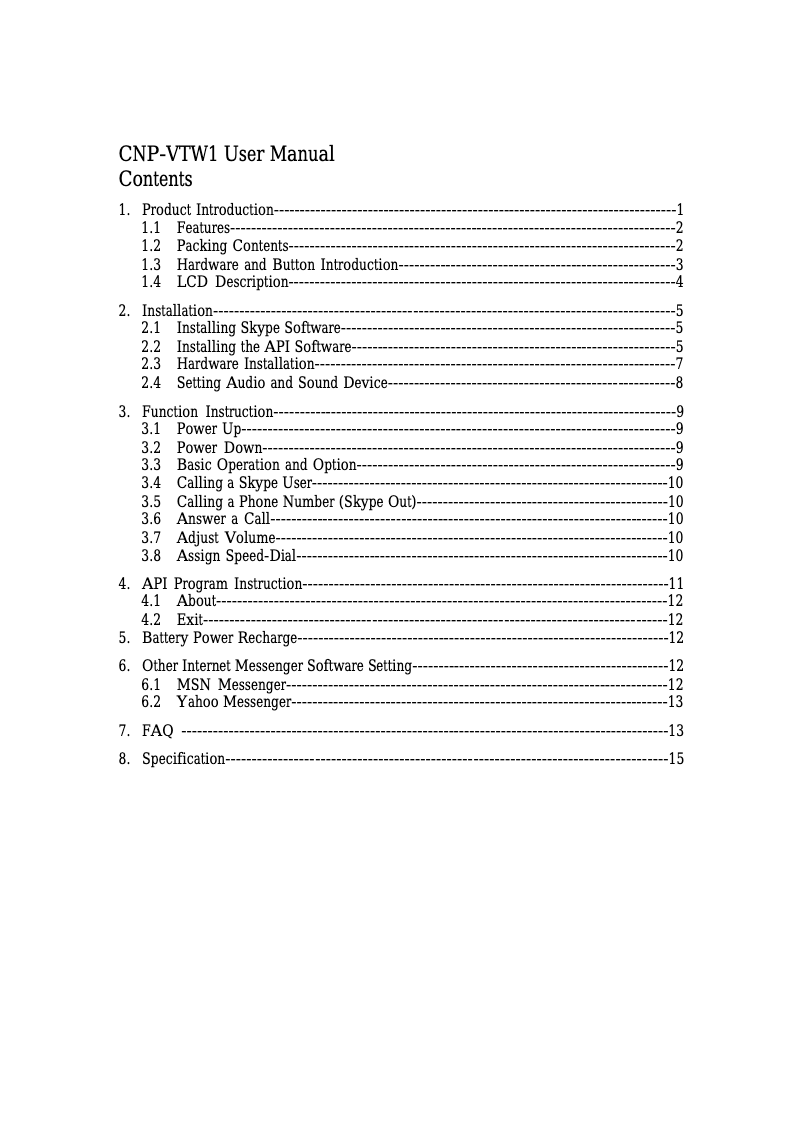 First page image of the manual for CNP-VTW1