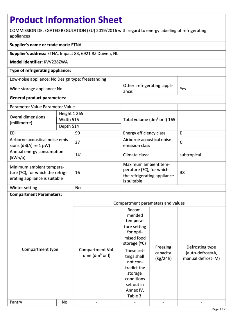 First page image of the manual for KVV228ZWA