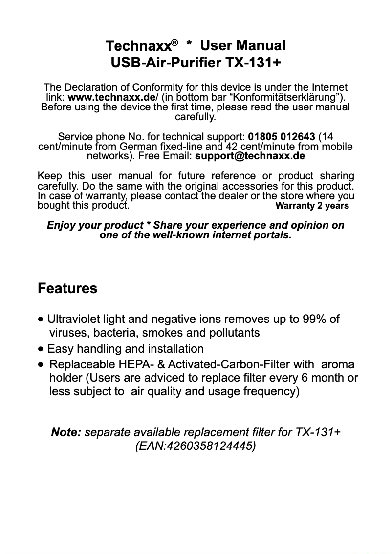 Page 1 of the manual User Manual Technaxx TX-131+