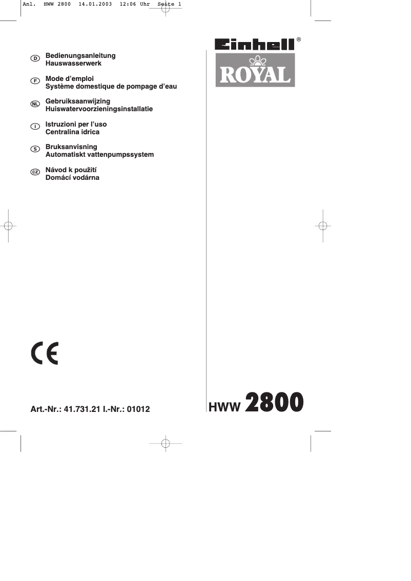 Page 1 of the manual User Manual Einhell Royal HWW 2800