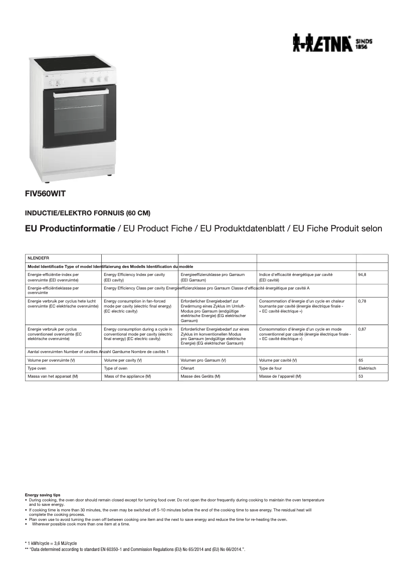 Page 1 of the manual Technical Sheet Etna FIV760WIT