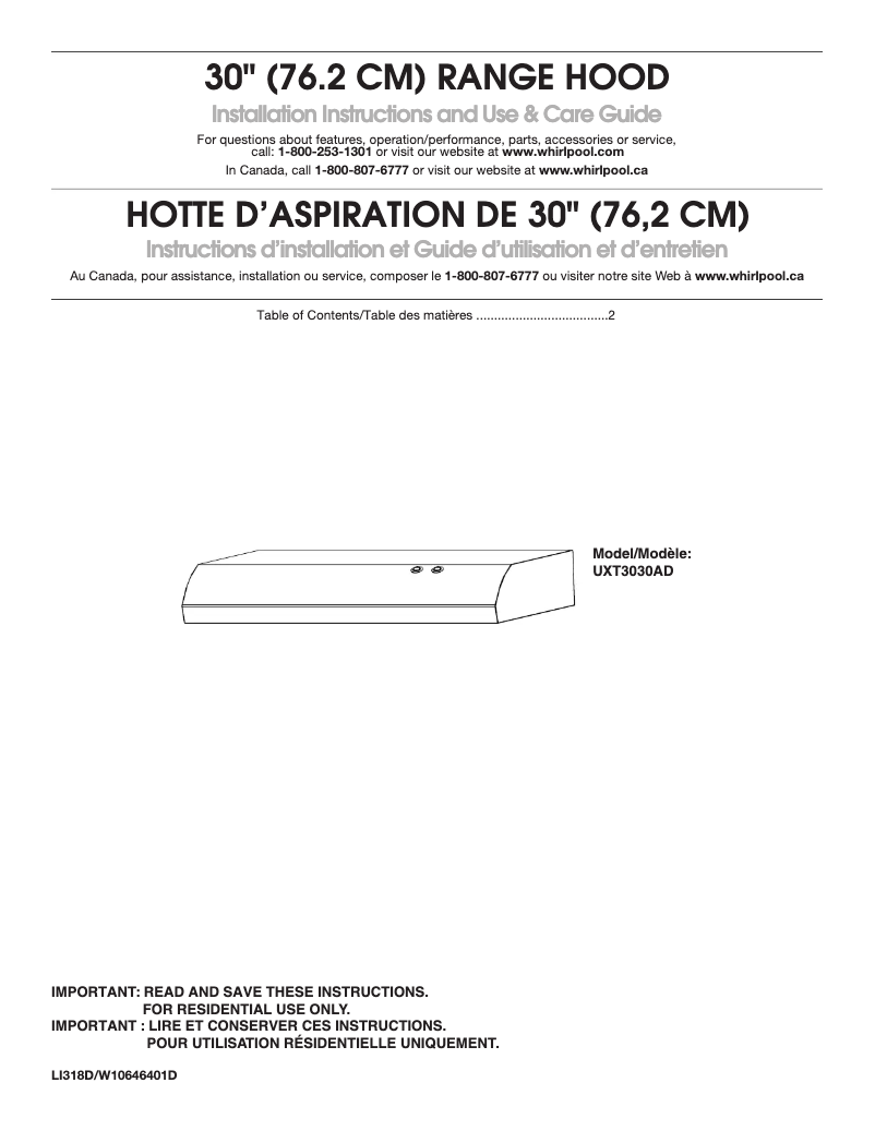 Page 1 of the manual Installation Guide Whirlpool UXT3030ADW