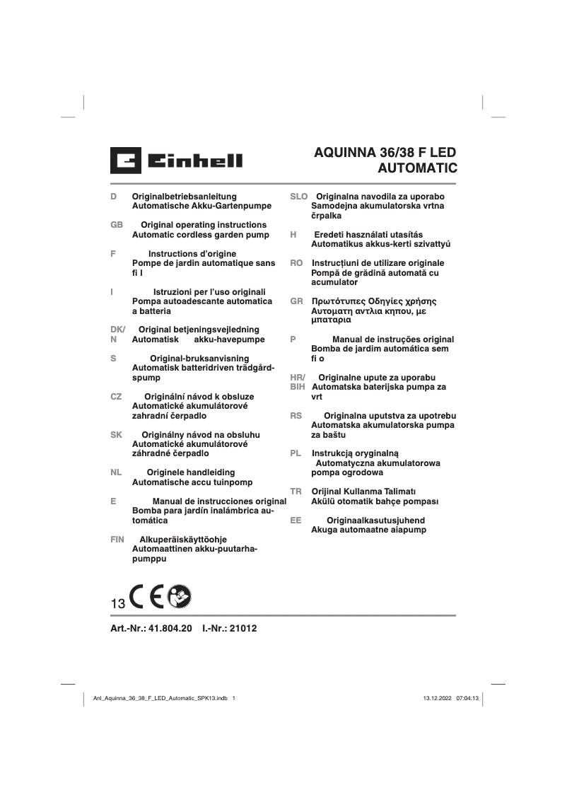 Page 1 of the manual User Manual Einhell AQUINNA 36/38 F LED