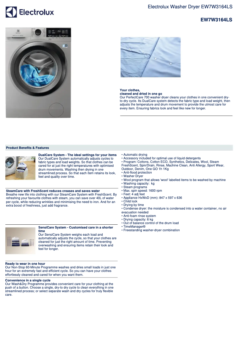 Page 1 of the manual Technical Sheet Electrolux EW7W3164LS