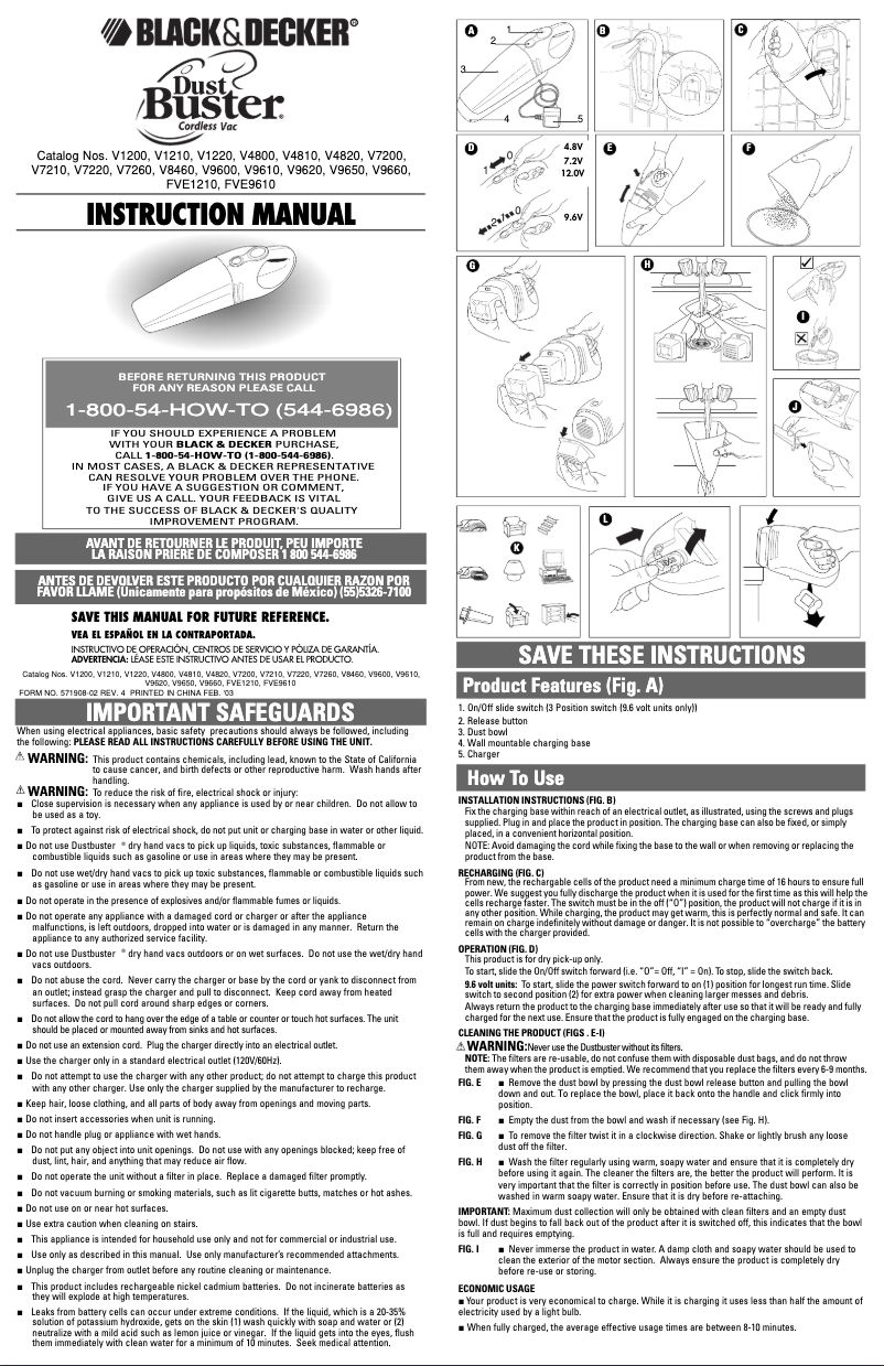 First page image of the manual for Dustbuster V9620