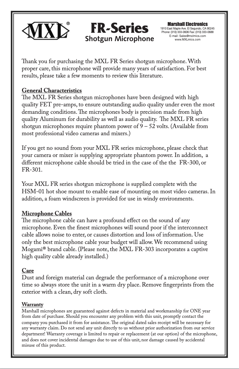 Page 1 of the manual User Manual MXL FR-303