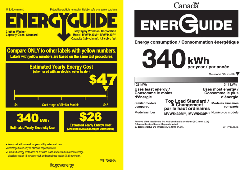 Page 1 of the manual Energy Label Maytag MVW5430PBK