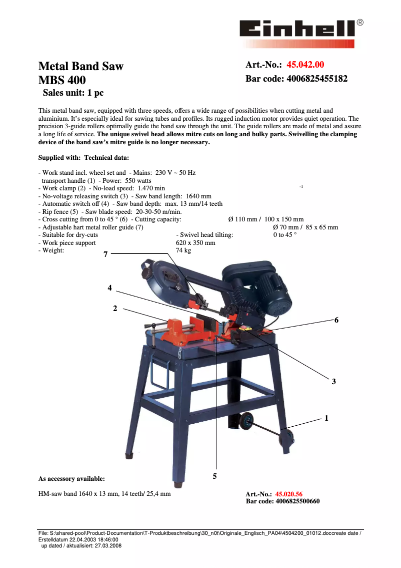 Page 1 of the manual Technical Sheet Einhell MBS 400
