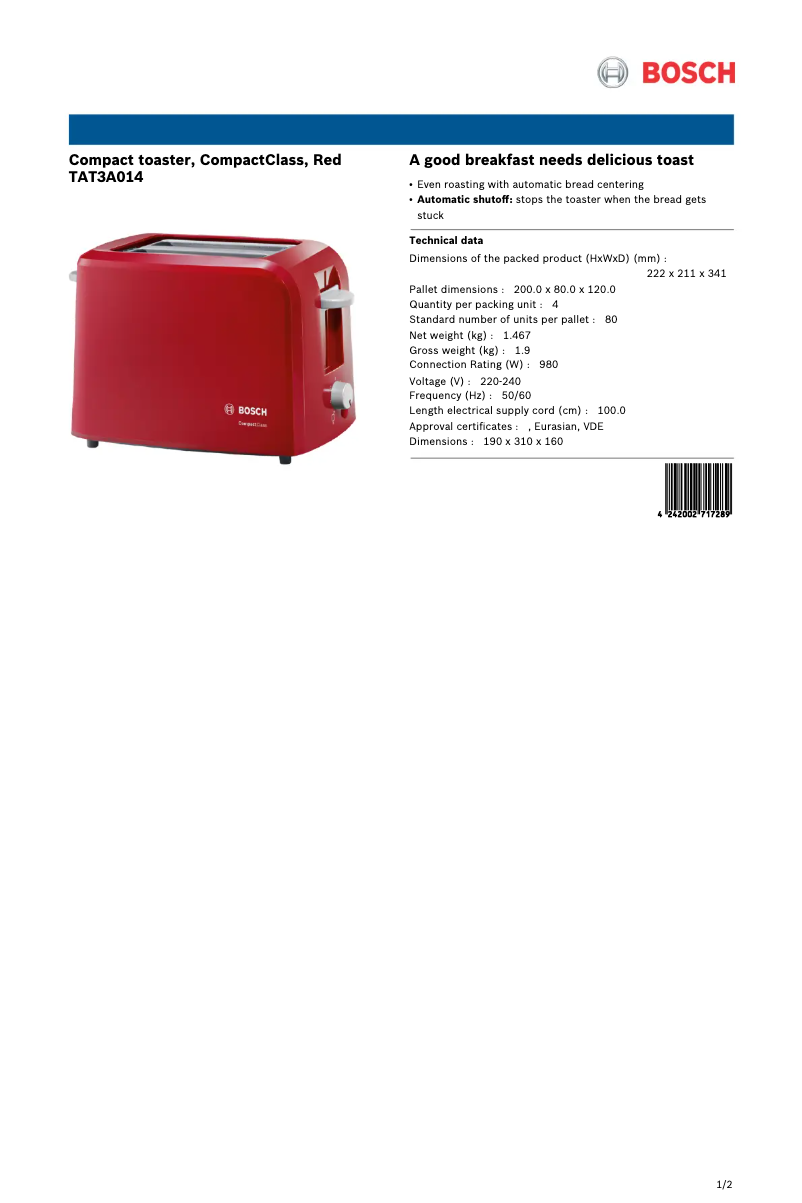 Page 1 of the manual Technical Sheet Bosch TAT3A014