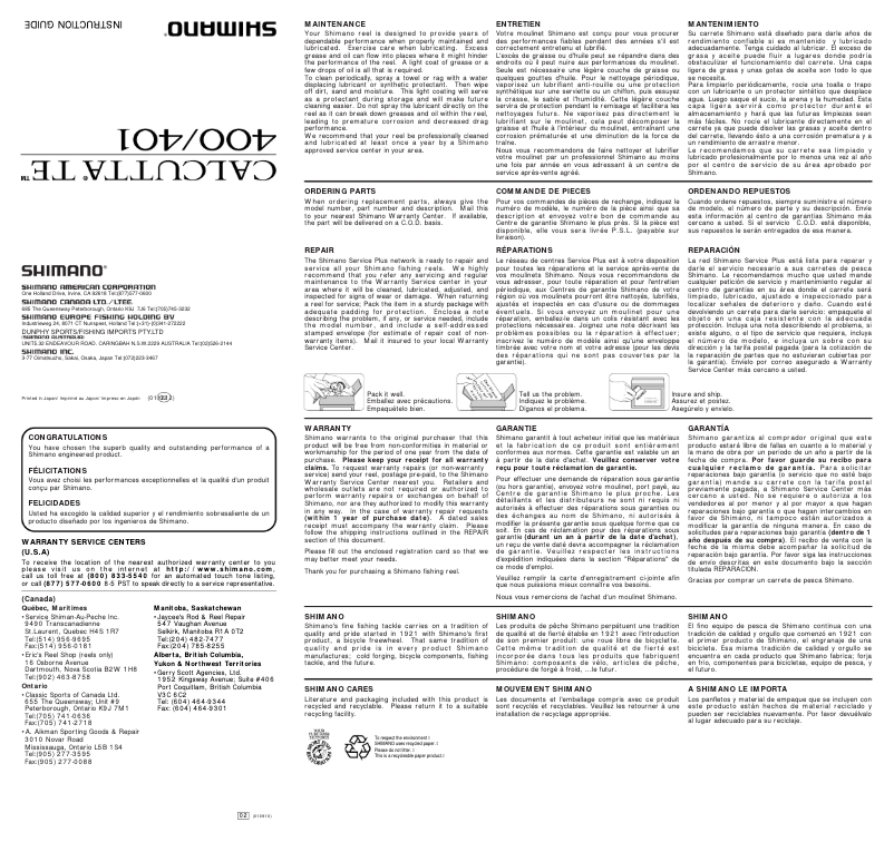 Page 1 of the manual User Manual Shimano Calcutta TE 400