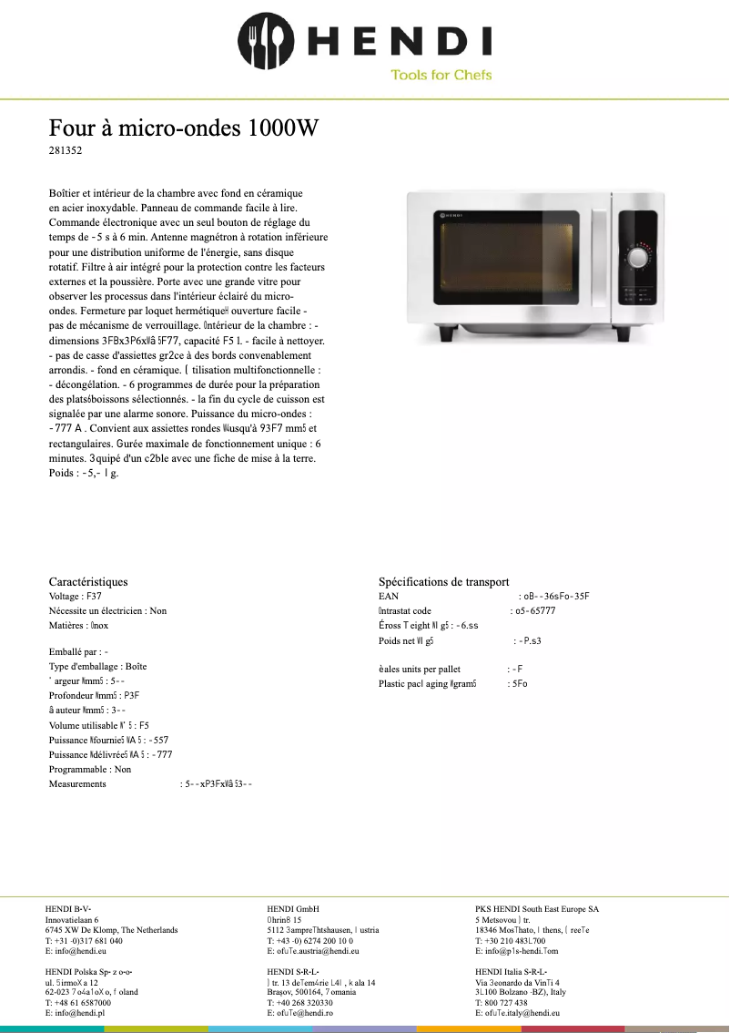 Page 1 of the manual Technical Sheet Hendi 281352