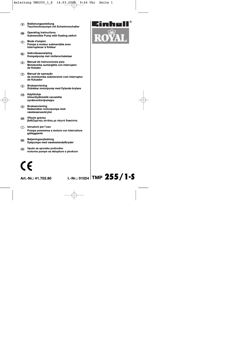 Page 1 of the manual User Manual Einhell Royal TMP 255/1-S