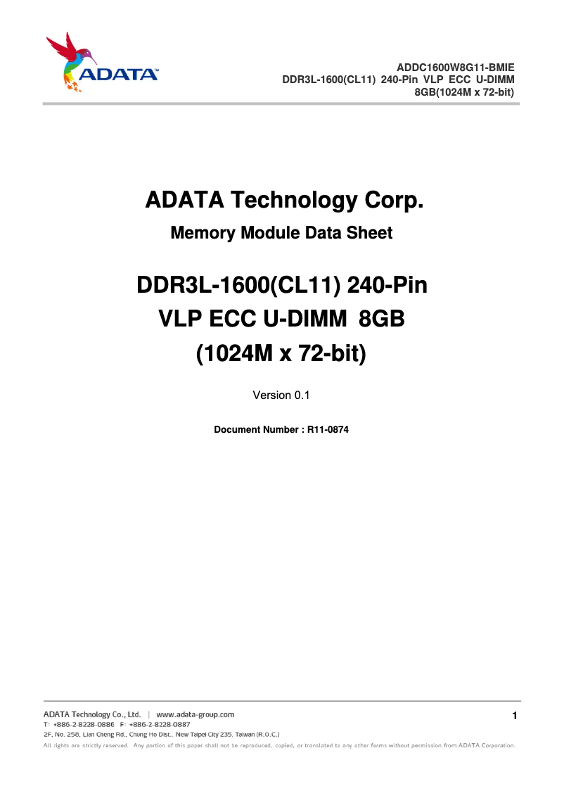 First page image of the manual for DDR3L VLP ECC U-DIMM
