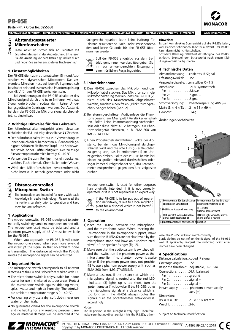 Page 1 of the manual User Manual Monacor PB-05E