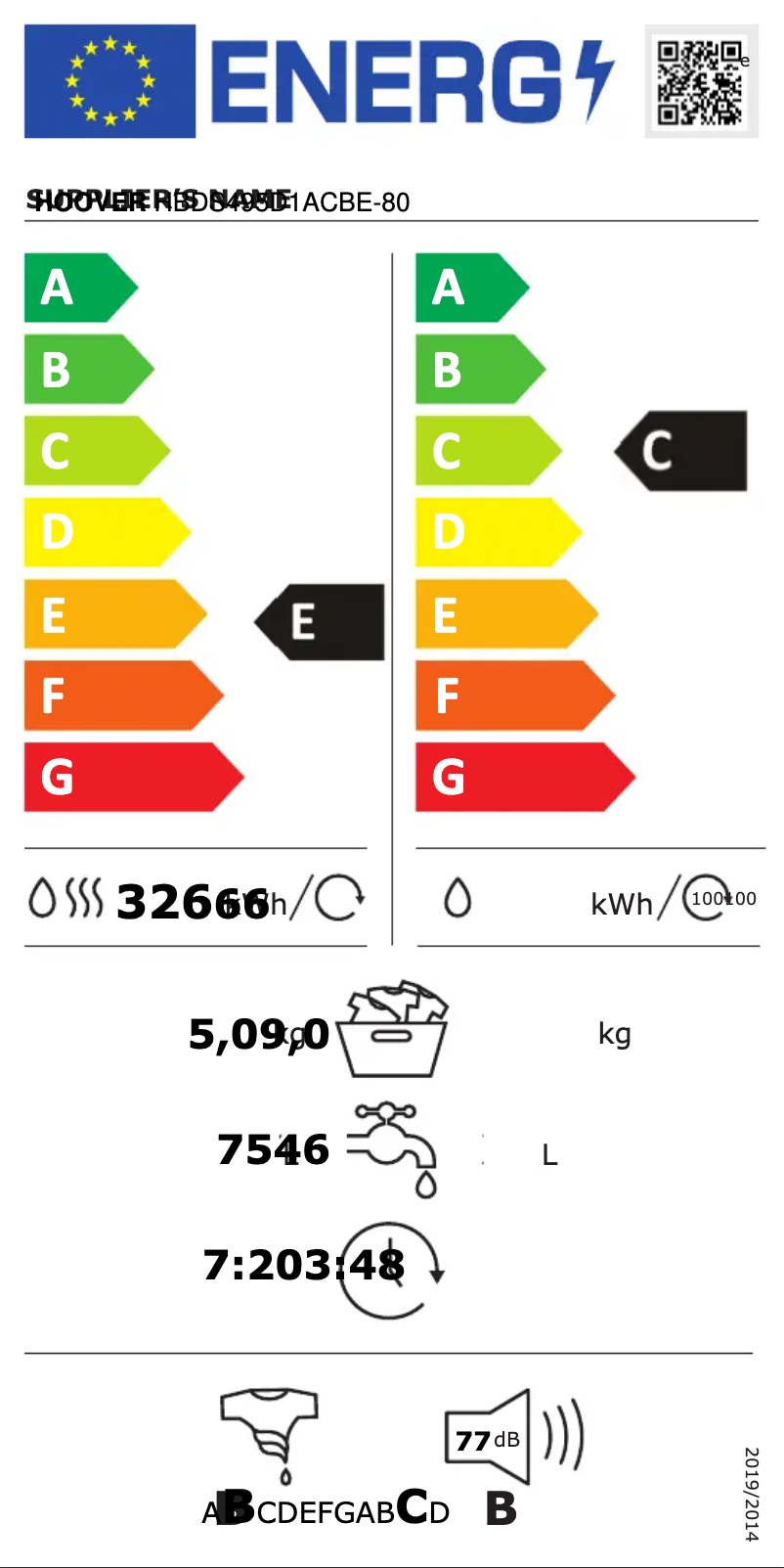 Page 1 of the manual Energy Label Hoover H-WASH 300 LITE HBDS495D1ACBE-80