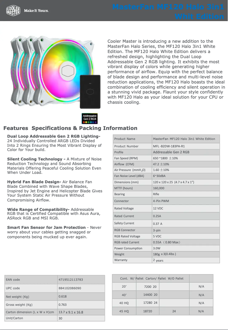 First page image of the manual for MasterFan MF120 Halo
