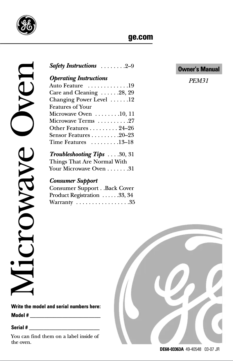 Page 1 of the manual Use and Maintenance Manual GE PEM31DMBB