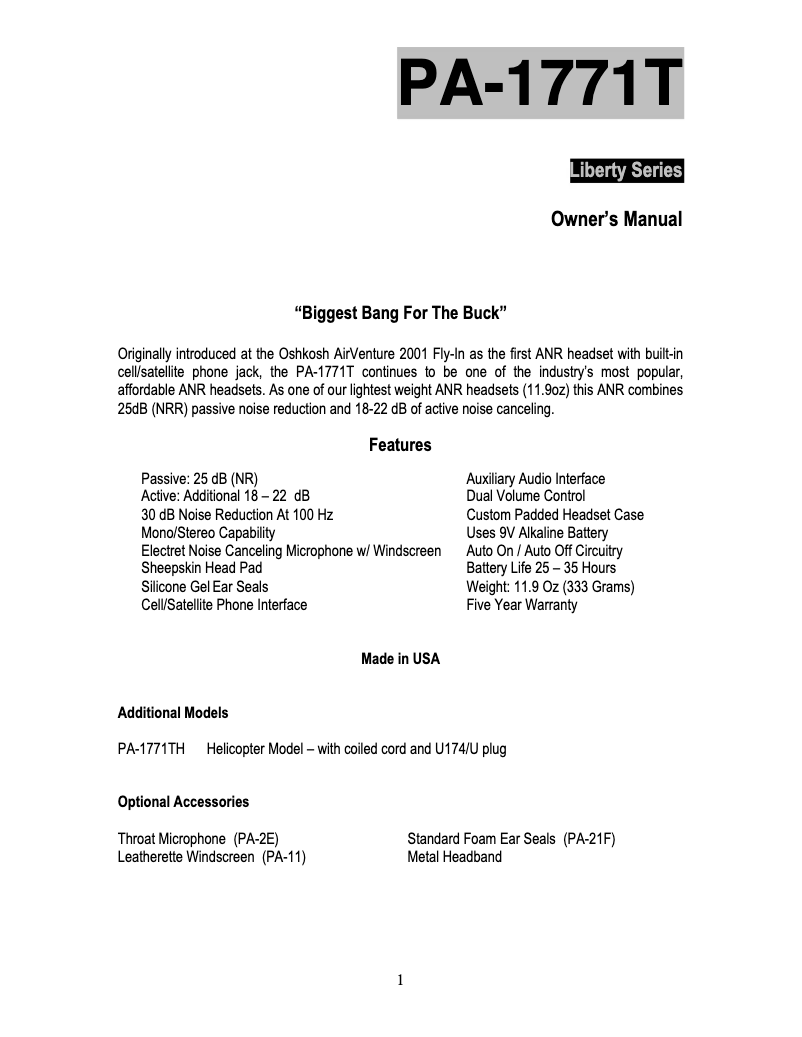 First page image of the manual for PA-1771T