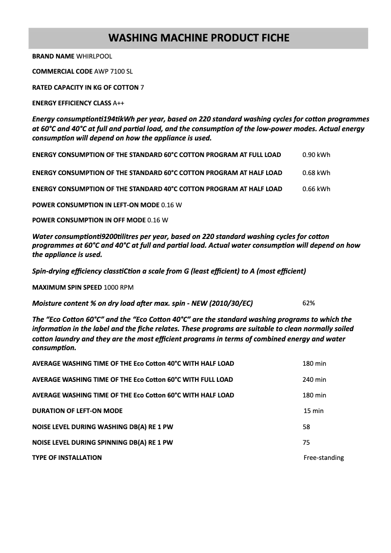 Page 1 of the manual Technical Sheet Whirlpool AWP 7100 SL
