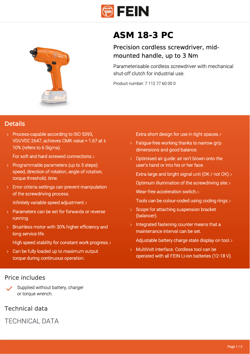 Page 1 of the manual Technical Sheet Fein ASM 18-3 PC