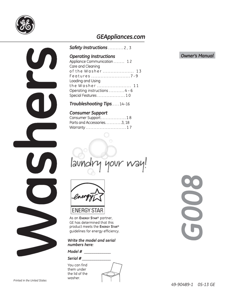 Page 1 of the manual Instruction Manual GE GTWS8655DMC