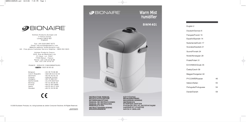 Page 1 of the manual User Manual Bionaire BWM401-I