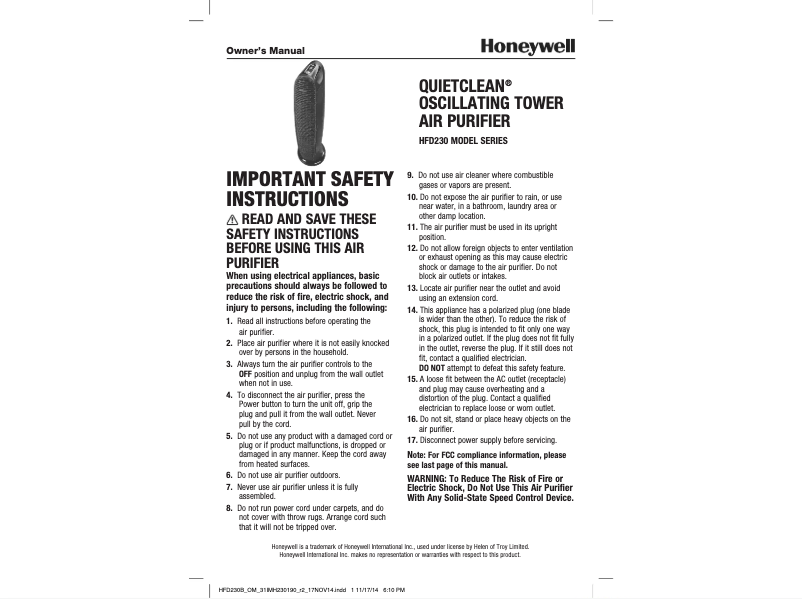 First page image of the manual for QuietClean HFD230