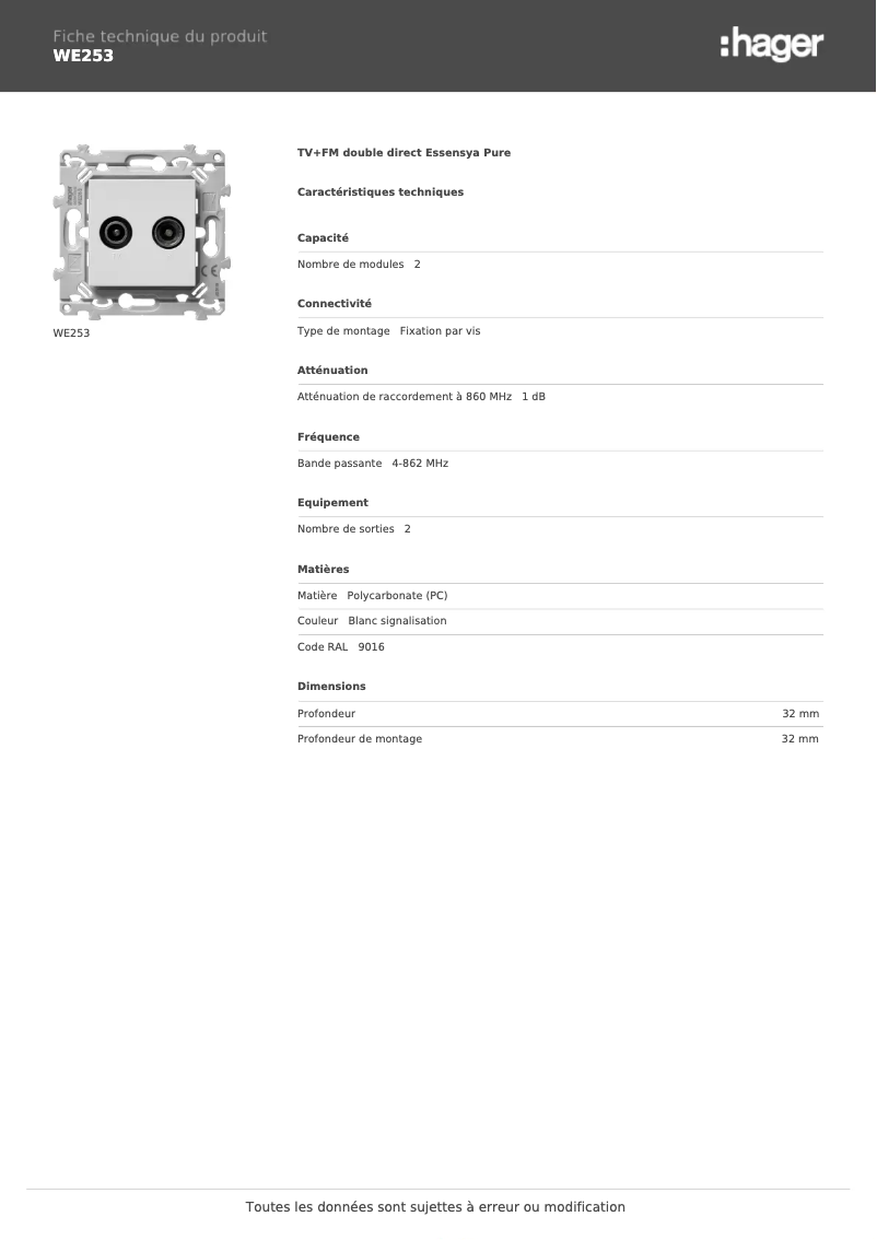 Page 1 of the manual Technical Sheet Hager WE253