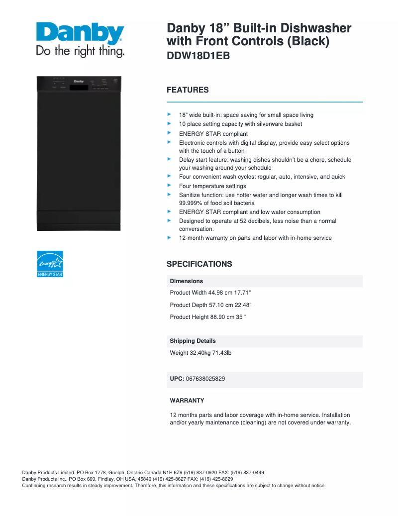 First page image of the manual for DDW18D1EB