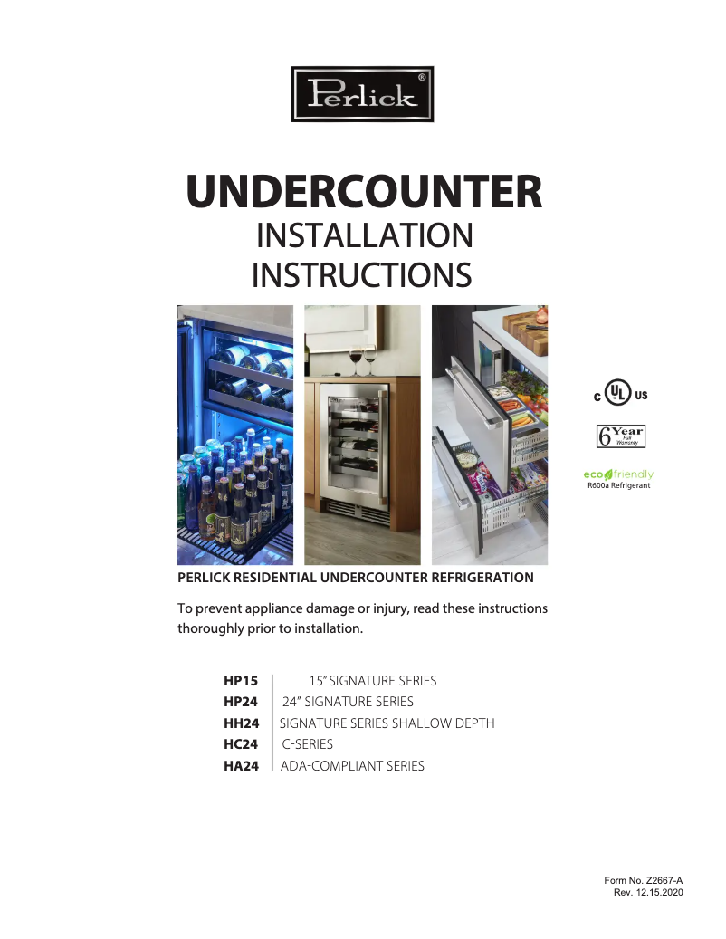 Page 1 of the manual Installation Guide Perlick HC24TB-4-1R-1