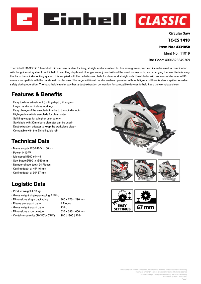 Page 1 of the manual Technical Sheet Einhell TC-CS 1410