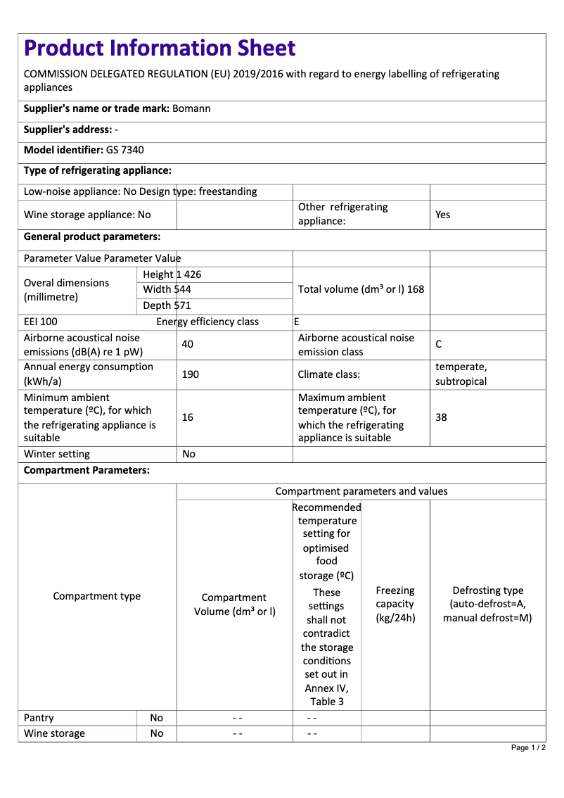 Page 1 of the manual Technical Sheet Bomann GS 7340