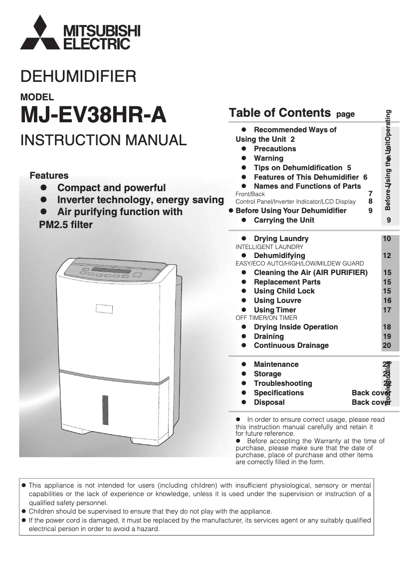 Page 1 of the manual User Manual Mitsubishi MJ-EV38HR