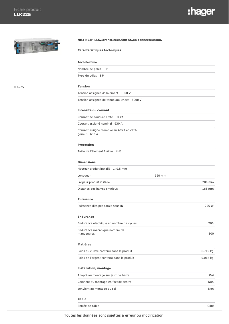 Page 1 of the manual Technical Sheet Hager LLK225