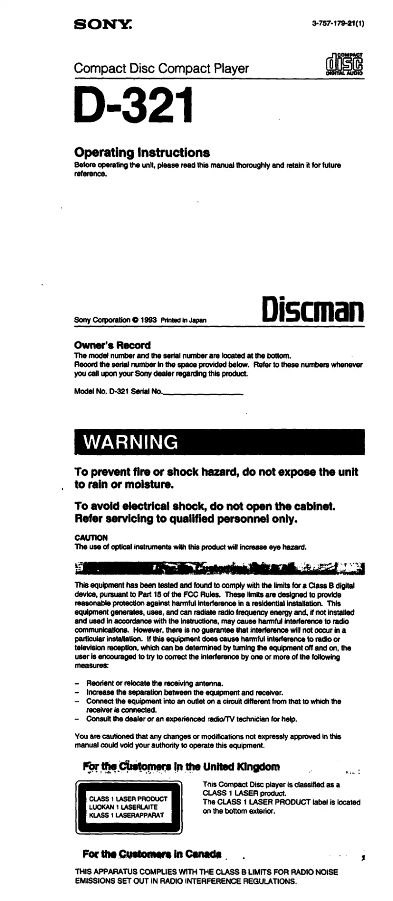 First page image of the manual for Discman D-321