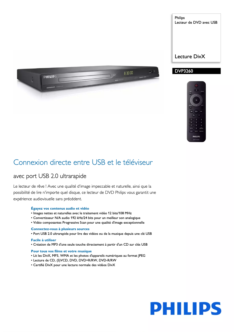 Page 1 of the manual Technical Sheet Philips DVP3260