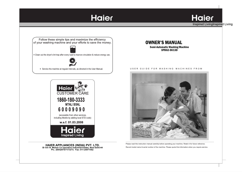 Page 1 of the manual User Manual Haier XPB62-0613D