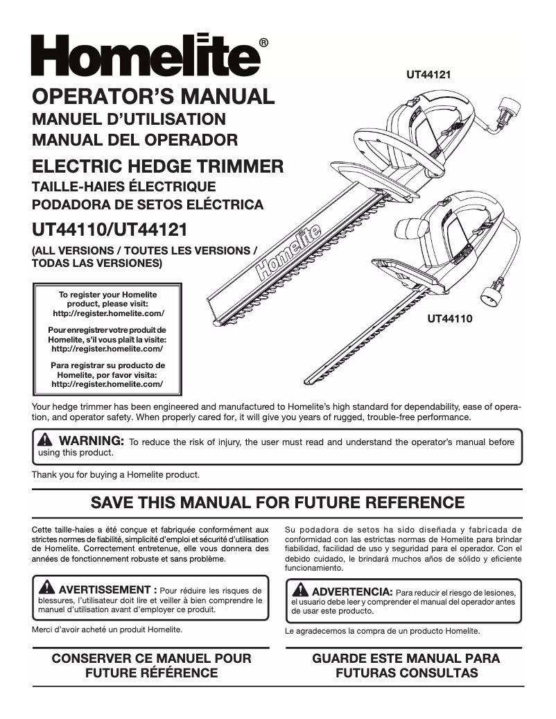 Page 1 of the manual User Manual Homelite UT44121A