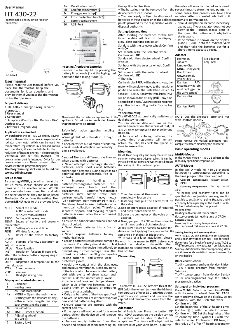 First page image of the manual for HT 430-22