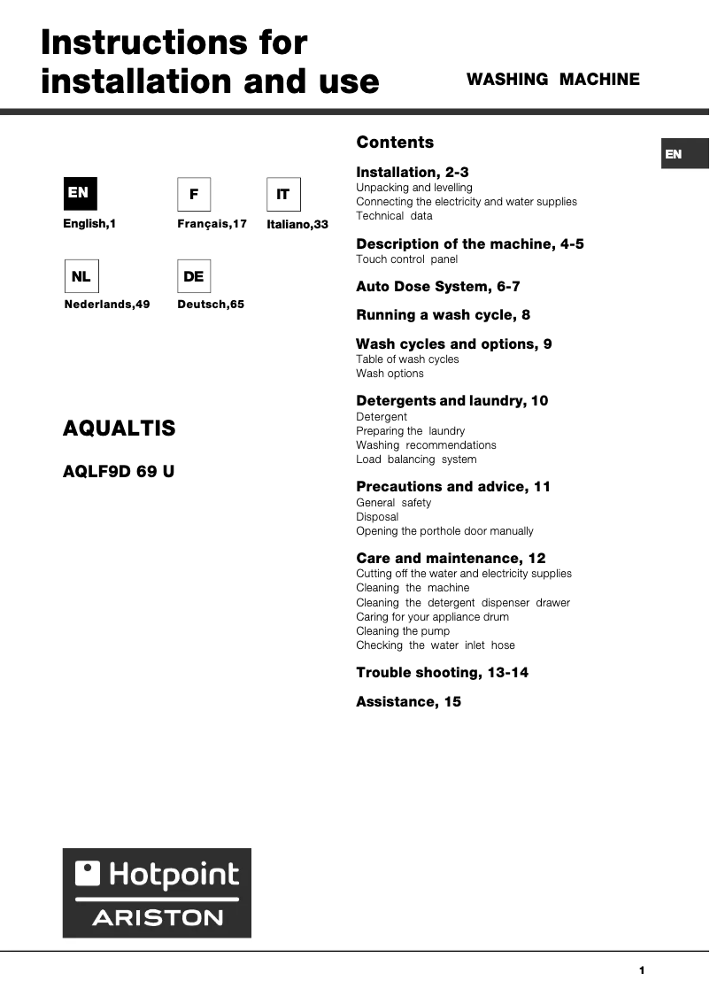 Page 1 of the manual User Manual Hotpoint Aqualtis AQLF9D 69 U