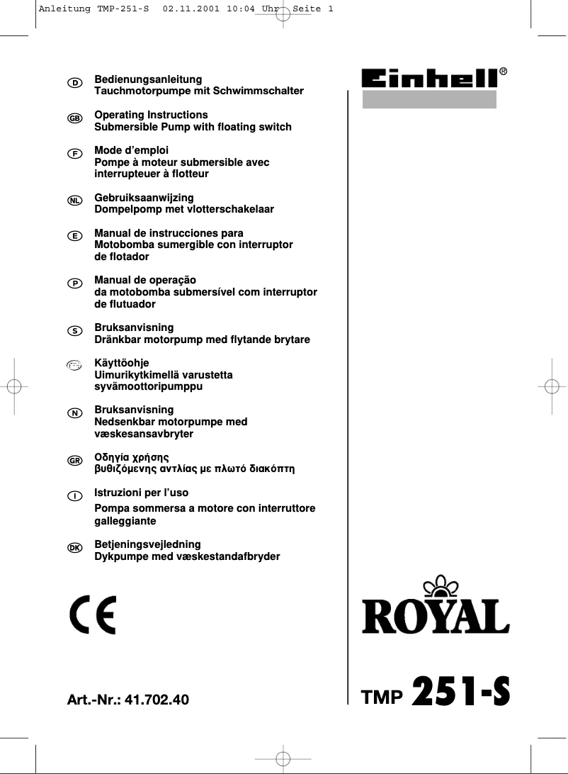 First page image of the manual for Royal TMP 251-S
