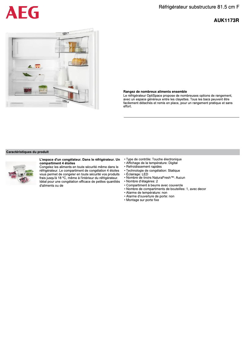 Page 1 of the manual Technical Sheet AEG AUK1173R