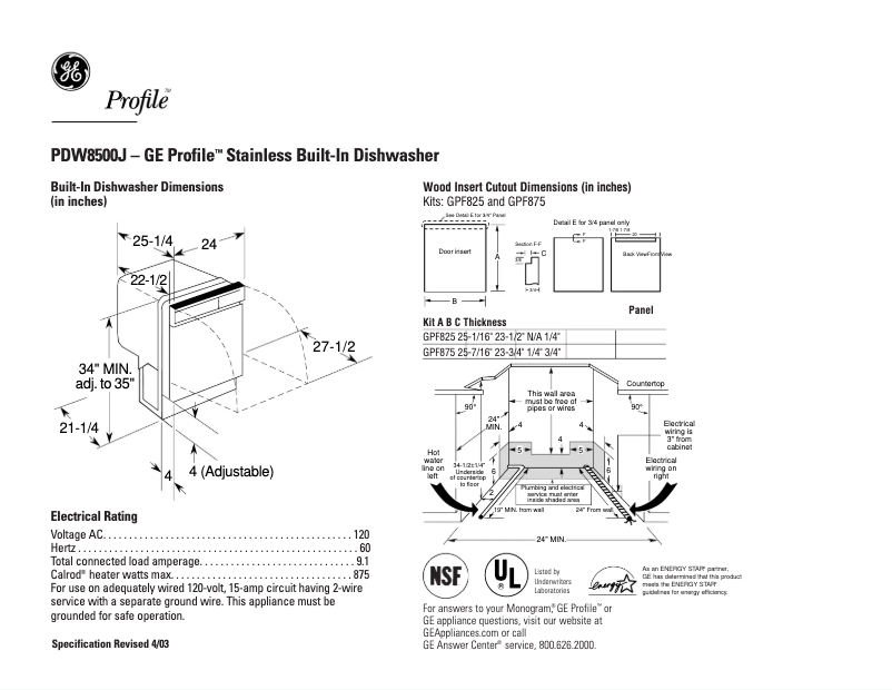 Page 1 of the manual Technical Sheet GE Profile PDW8500JWW